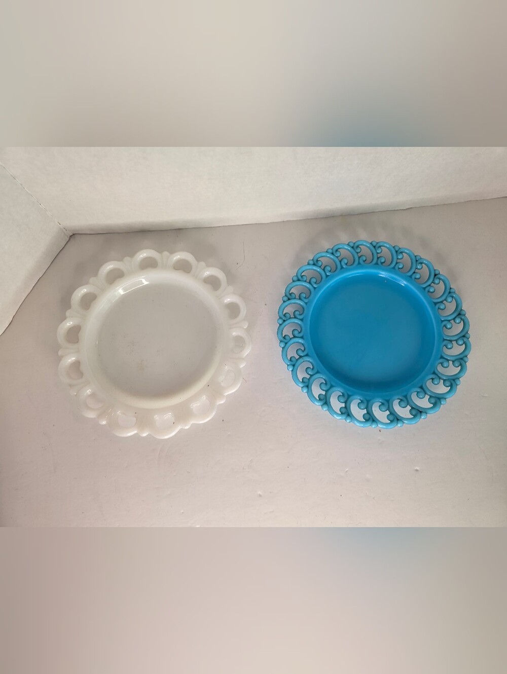 Blue and White Glass Open Lace Plates Set of 2
